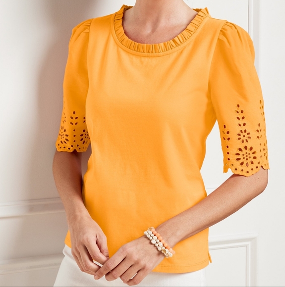 Talbots Eyelet Sleeve Ruffle Neck Cotton Top XL Orange - Picture 1 of 8